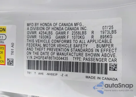 2026 Honda Civic Hybrid Sport/Sport Touring из США, поврежденный, VIN 2HGFE4F86TH304435